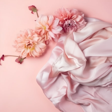 pink fabric with dahlia flowers on pastel pink backgroundの素材