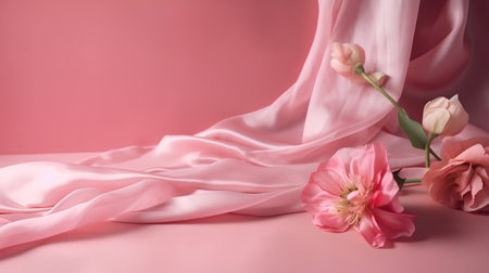 pink tulips and silk fabric on a pink background with copy spaceの素材
