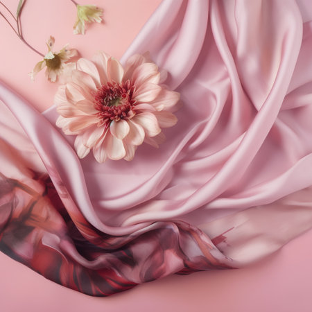 pink silk fabric with gerbera flower on a pink backgroundの素材