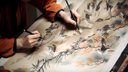 painter drawing a picture with oil paints, closeup of photoの素材