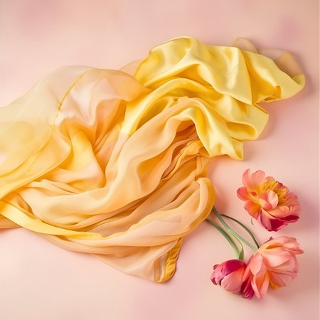 Beautiful tulips on a pink background with a yellow silk clothの素材