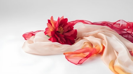 colorful silk scarf with a red flower on a white background.の素材