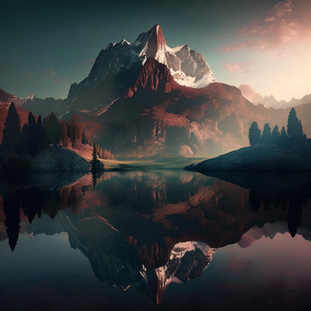 Mountain landscape with lake and reflection in the water at sunrise.の素材