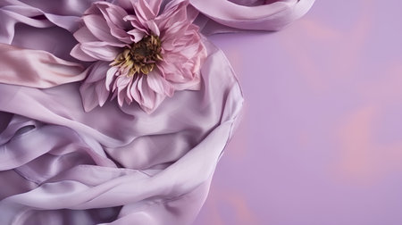 pink satin fabric with dahlia flower on purple backgroundの素材