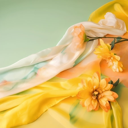 yellow and orange silk fabric with flowers on green background, closeupの素材