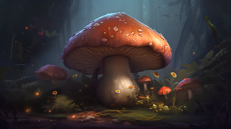 Fantasy mushroom in the forest. 3D illustration. Fantasy landscape.の素材
