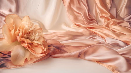 pink fabric and orange peony flower on white background, soft focusの素材