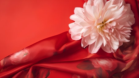 white dahlia on a red silk background with a floral patternの素材