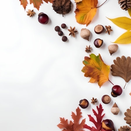 Autumn leaves, acorns and chestnuts on a white backgroundの素材
