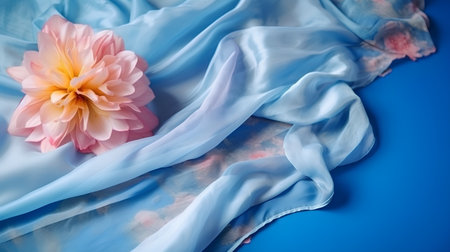 pink dahlia on a blue silk fabric with a flowerの素材