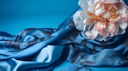 blue silk fabric with peony flower on blue background, closeupの素材