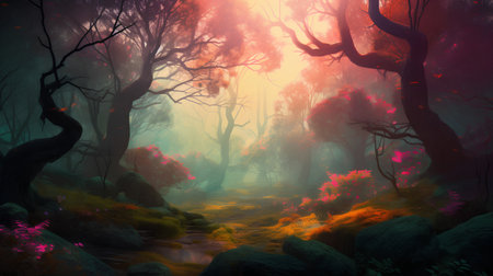 Fantasy forest with fog in the morning. 3D illustration.の素材