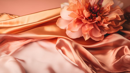 pink and orange satin fabric with peony flower close upの素材