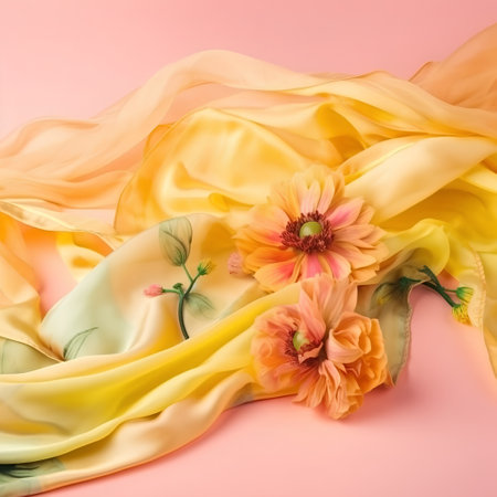 Crumpled yellow silk and gerbera flowers on pink backgroundの素材