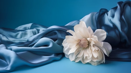 Blue silk with a white flower on a blue background, close-upの素材
