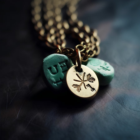 Necklace with a metal chain on a dark background close upの素材