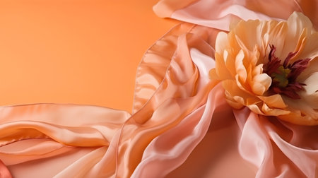 Crumpled silk fabric and peony flower on orange background.の素材