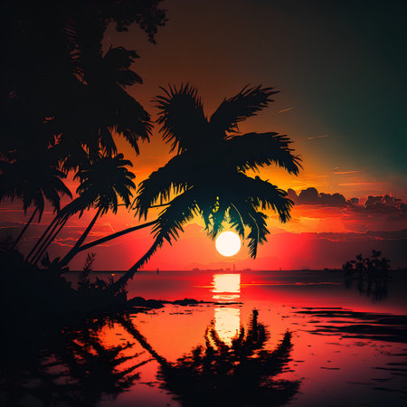 Tropical sunset with palm trees and reflection on the water.の素材