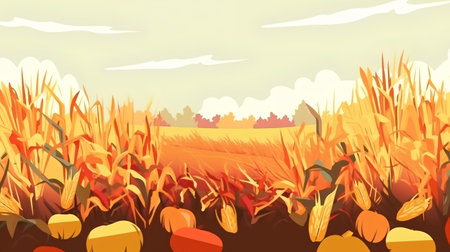 Autumn field with corn and pumpkins. Vector illustration of a corn field.の素材