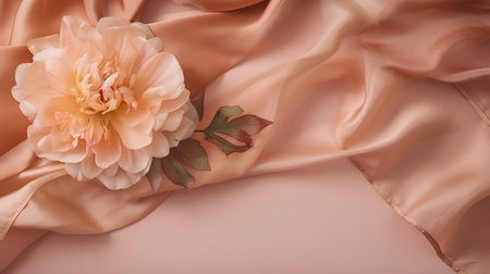 Pink satin fabric with a peach flower on a pink background.の素材