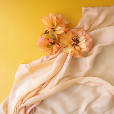 beautiful flowers on the fabric on a yellow background. macro photoの素材