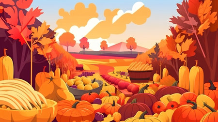 Autumn landscape with pumpkins and autumn leaves. Vector illustration.の素材