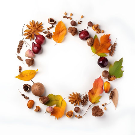 Autumnal wreath of leaves, chestnuts and acorns on white backgroundの素材
