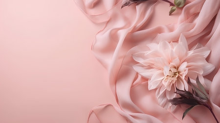 pink satin fabric and dahlia flower on pink backgroundの素材