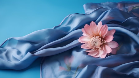 pink chrysanthemum on a blue satin backgroundの素材