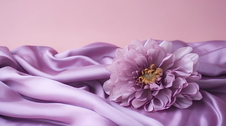 pink satin background with purple dahlia flower close upの素材