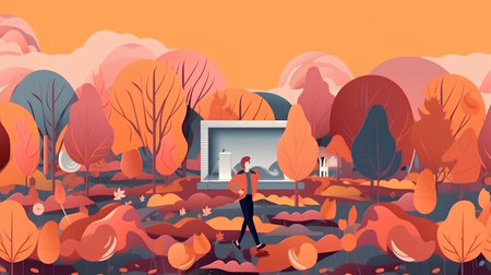 Autumn landscape with trees, bushes and house. Flat style vector illustration.の素材