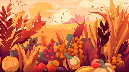 Autumn background with pumpkins and rowan. Vector illustration.の素材