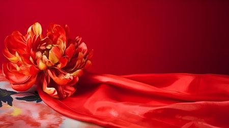 Red tulips on a red background with copy space for your textの素材