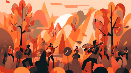 Music festival vector illustration. Cartoon people playing musical instruments in autumn forest.の素材
