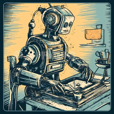 Robot working at the computer. Vector illustration in retro style.の素材