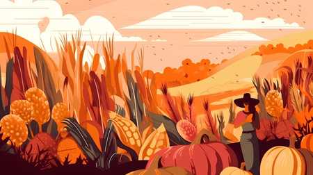 Autumn rural background with pumpkins and scarecrow. Vector illustration.の素材