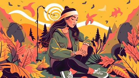 Young hipster girl sitting on the ground in autumn park. Vector illustrationの素材