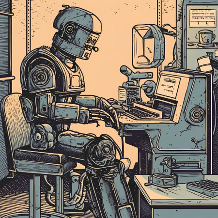 Vector illustration of robot working in the office. Hand drawn retro style.の素材