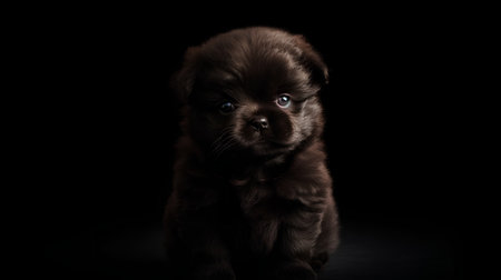 puppy of the black color on a black background in the studioの素材