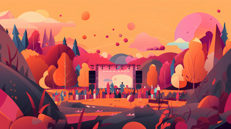 Crowd of people walking in autumn park at sunset vector illustration.の素材