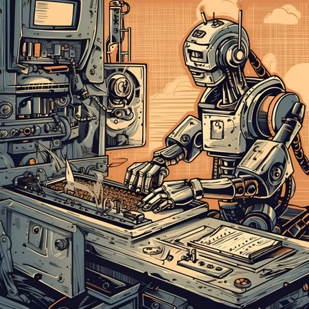 Vector illustration of a robot working on a computer in a retro style.の素材