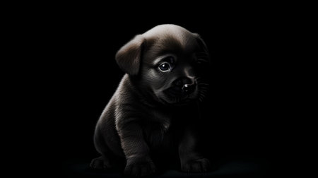 Studio shot of a cute puppy sitting on black background, isolated.の素材