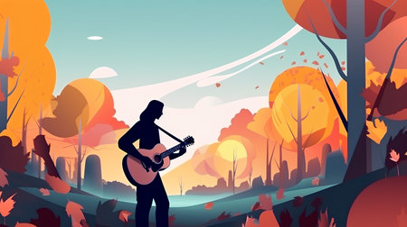 Guitar player in the autumn forest. Vector illustration for your designの素材