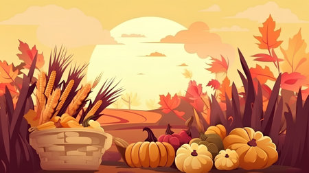 Autumn landscape with pumpkins and wheat field, vector illustration.の素材