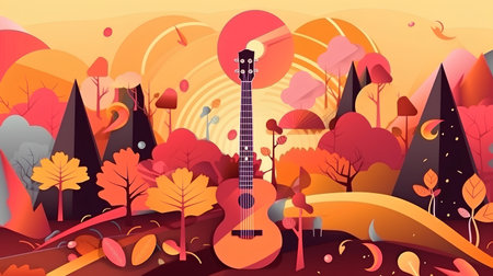 Autumn landscape with guitar and music notes. Vector illustration in cartoon style.の素材