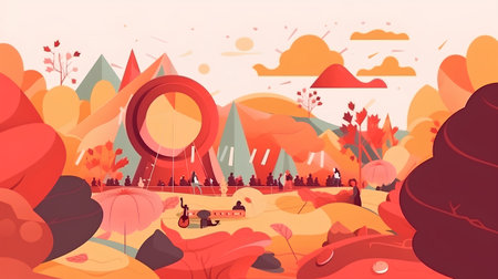 Autumn background with people, trees and mountains. Vector illustration.の素材