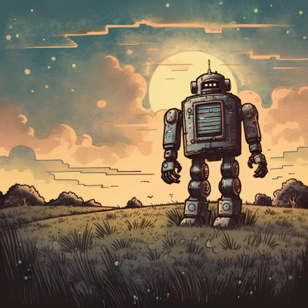Vintage robot on the meadow at night. Vector illustration.の素材