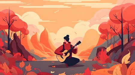 Autumn landscape with a girl playing the guitar. Vector illustration.の素材