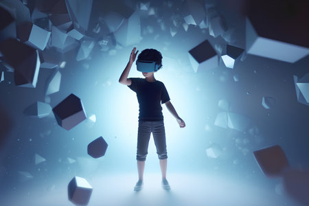 Young boy wearing virtual reality goggles in a room with flying cubes conceptの素材