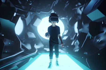 3d rendering of a boy wearing virtual reality glasses on a futuristic backgroundの素材